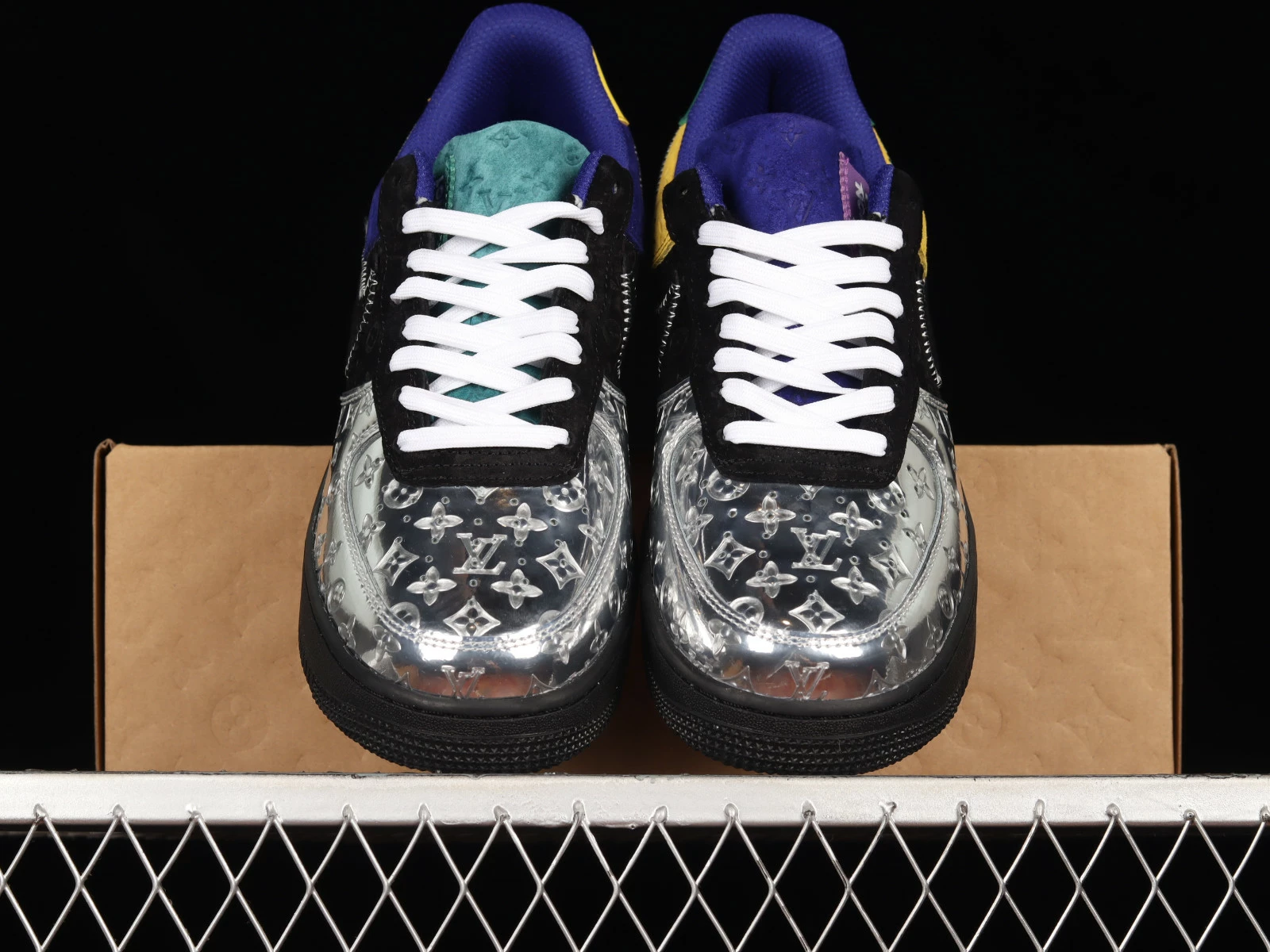 LV X Nike Air Force 1 07 Low Black Metallic Sliver Yellow Green 3308-6 - Image 2